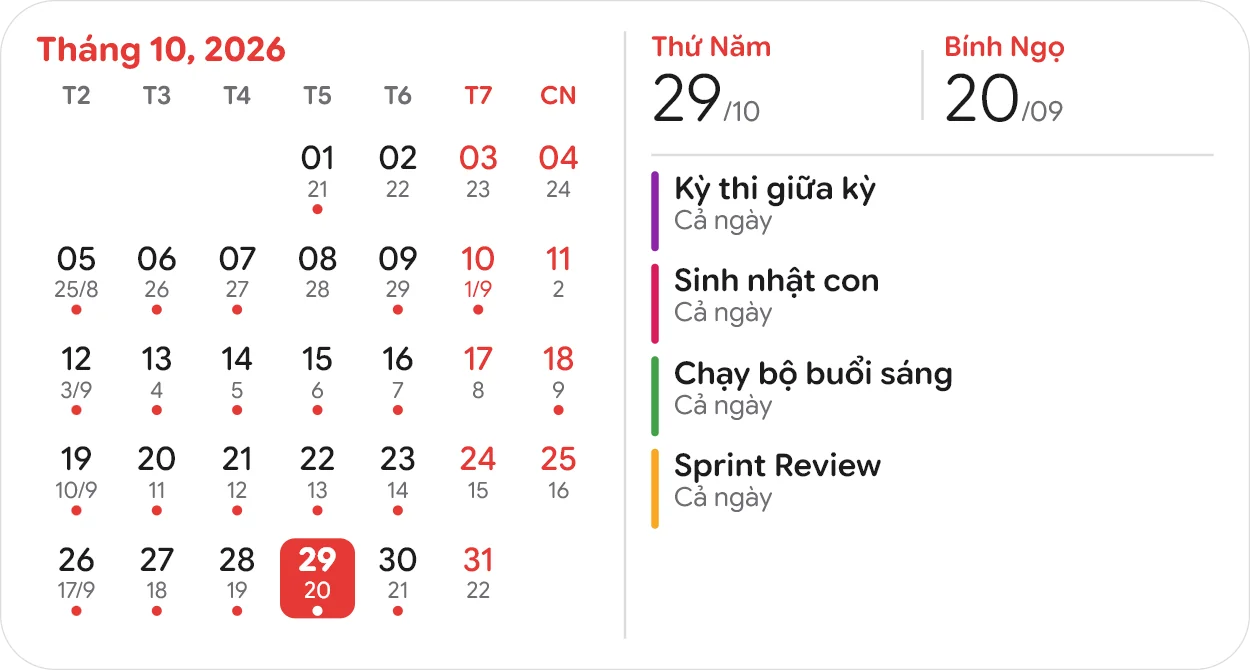 Widget lịch tháng trên màn hình nền Windows: lưới tháng có ngày âm, hôm nay và sự kiện