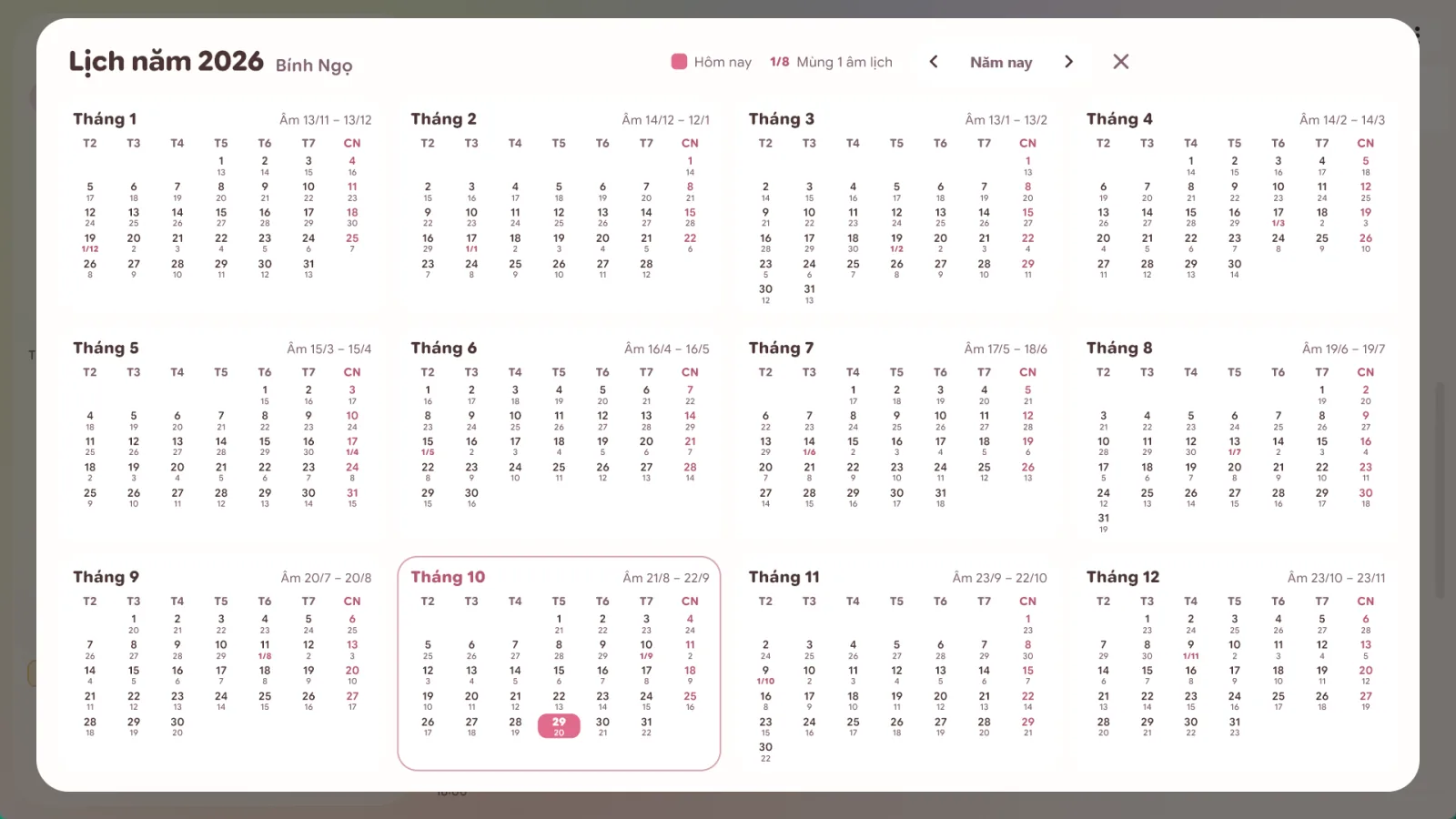 Lịch năm 2026 Bính Ngọ trên Windows, 12 tháng có ngày âm